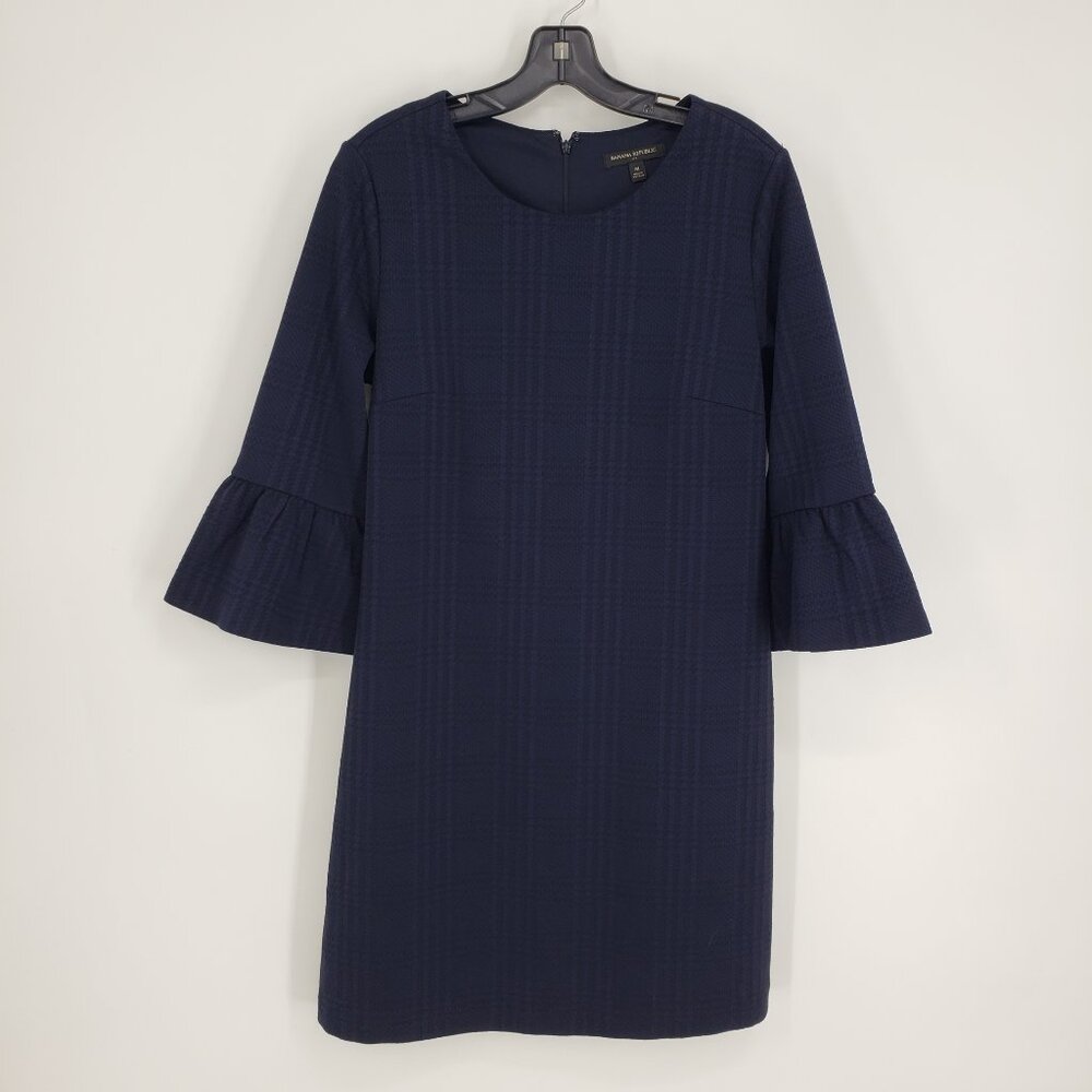 Banana Republic Mini Shift Dress M Textured Knit Bell 3/4 Sleeves Navy